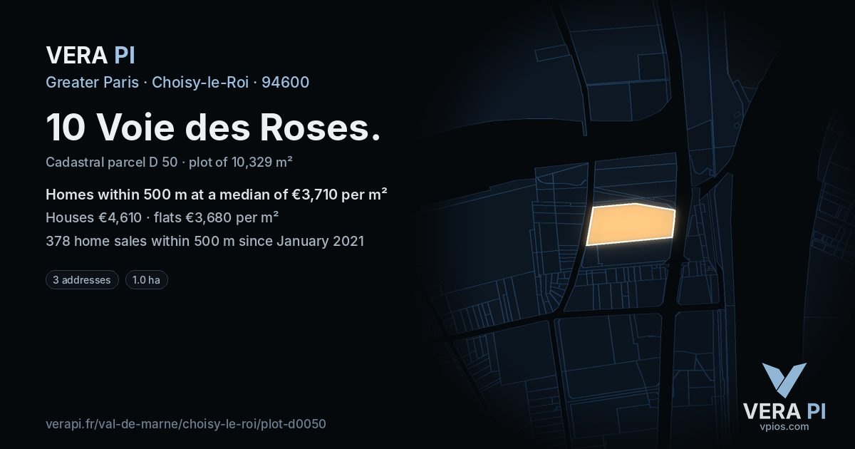 10 Voie des Roses, Choisy-le-Roi at night – the plot lit, the parcels around coloured by the prices near them