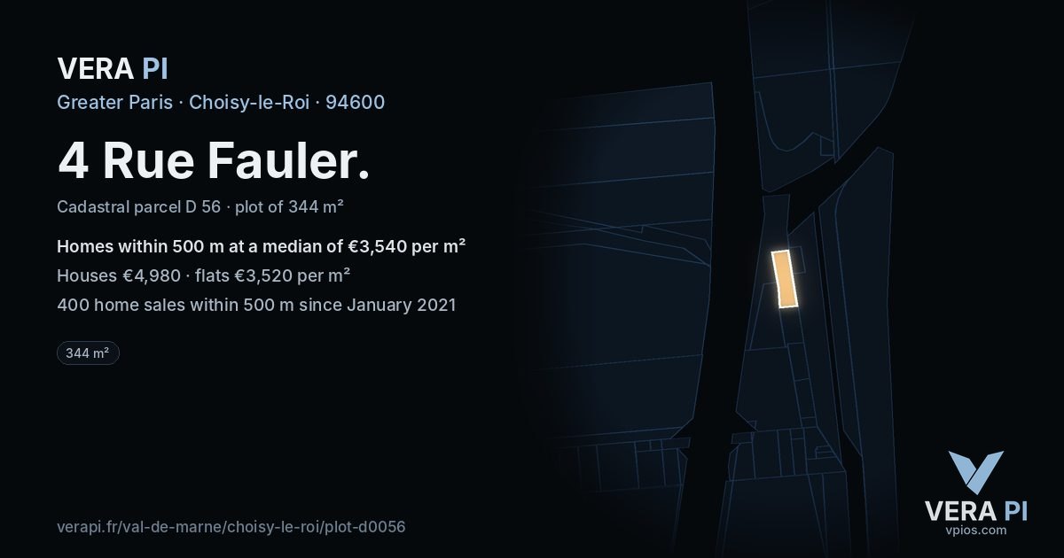 4 Rue Fauler, Choisy-le-Roi at night – the plot lit, the parcels around coloured by the prices near them