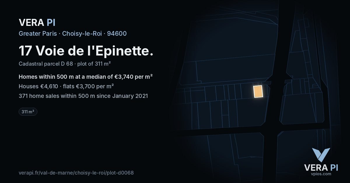 17 Voie de l'Epinette, Choisy-le-Roi at night – the plot lit, the parcels around coloured by the prices near them