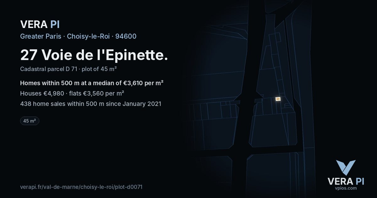 27 Voie de l'Epinette, Choisy-le-Roi at night – the plot lit, the parcels around coloured by the prices near them