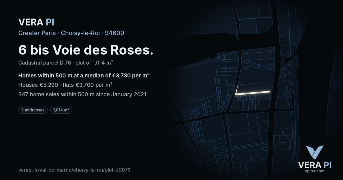 6 bis Voie des Roses, Choisy-le-Roi at night – the plot lit, the parcels around coloured by the prices near them