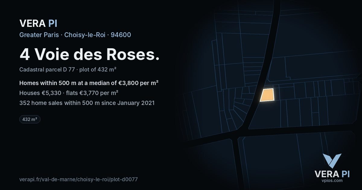 4 Voie des Roses, Choisy-le-Roi at night – the plot lit, the parcels around coloured by the prices near them