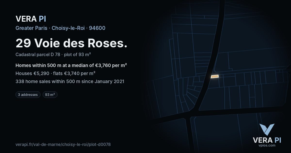 29 Voie des Roses, Choisy-le-Roi at night – the plot lit, the parcels around coloured by the prices near them