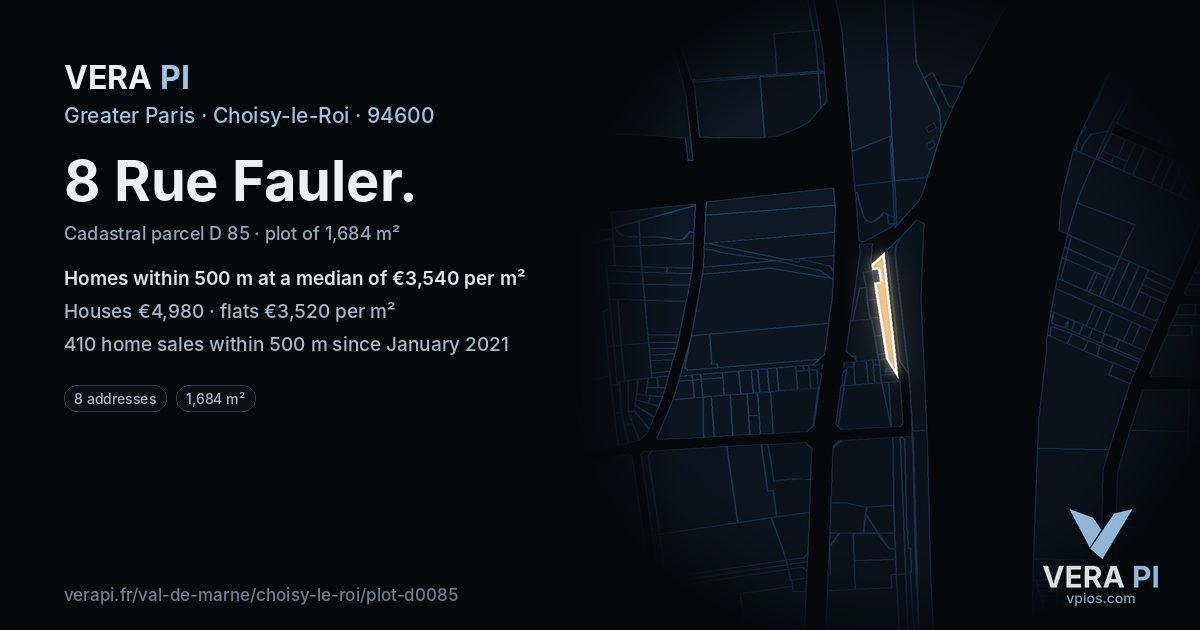 8 Rue Fauler, Choisy-le-Roi at night – the plot lit, the parcels around coloured by the prices near them