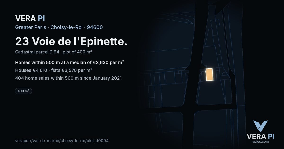 23 Voie de l'Epinette, Choisy-le-Roi at night – the plot lit, the parcels around coloured by the prices near them