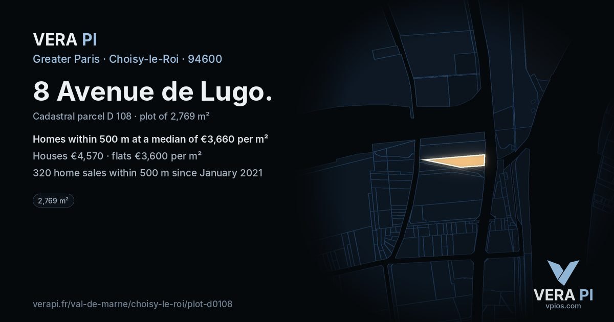 8 Avenue de Lugo, Choisy-le-Roi at night – the plot lit, the parcels around coloured by the prices near them
