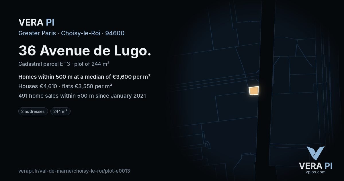 36 Avenue de Lugo, Choisy-le-Roi at night – the plot lit, the parcels around coloured by the prices near them