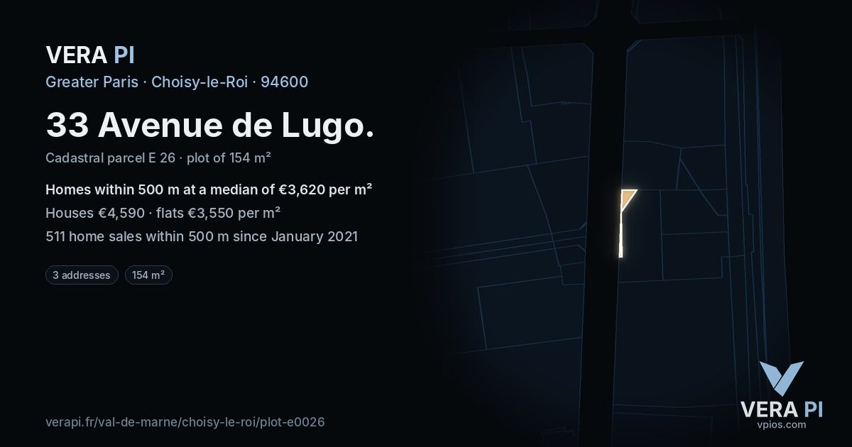 33 Avenue de Lugo, Choisy-le-Roi at night – the plot lit, the parcels around coloured by the prices near them