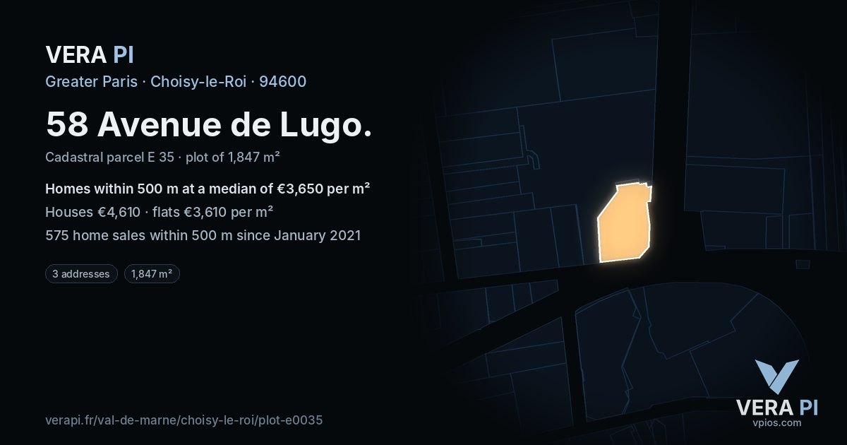 58 Avenue de Lugo, Choisy-le-Roi at night – the plot lit, the parcels around coloured by the prices near them