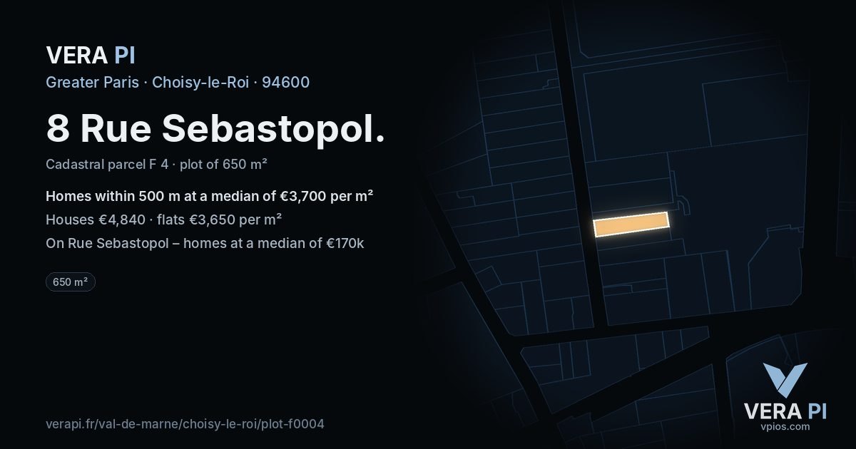 8 Rue Sebastopol, Choisy-le-Roi at night – the plot lit, the parcels around coloured by the prices near them