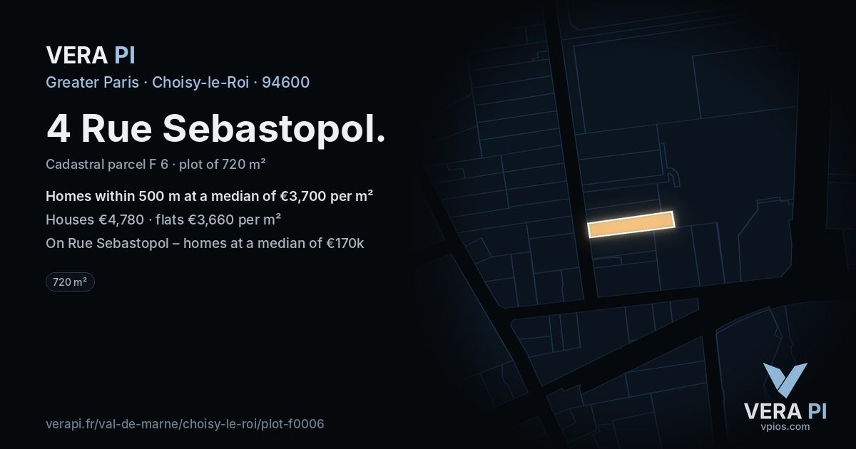 4 Rue Sebastopol, Choisy-le-Roi at night – the plot lit, the parcels around coloured by the prices near them