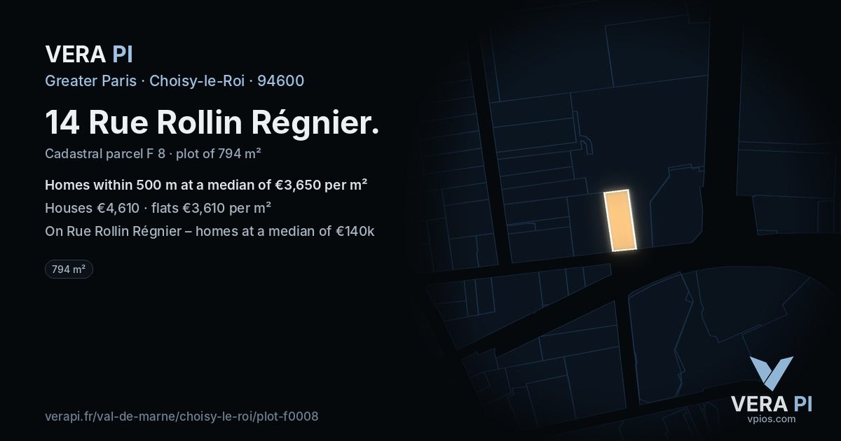 14 Rue Rollin Régnier, Choisy-le-Roi at night – the plot lit, the parcels around coloured by the prices near them