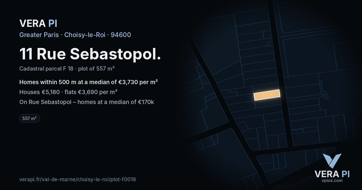 11 Rue Sebastopol, Choisy-le-Roi at night – the plot lit, the parcels around coloured by the prices near them