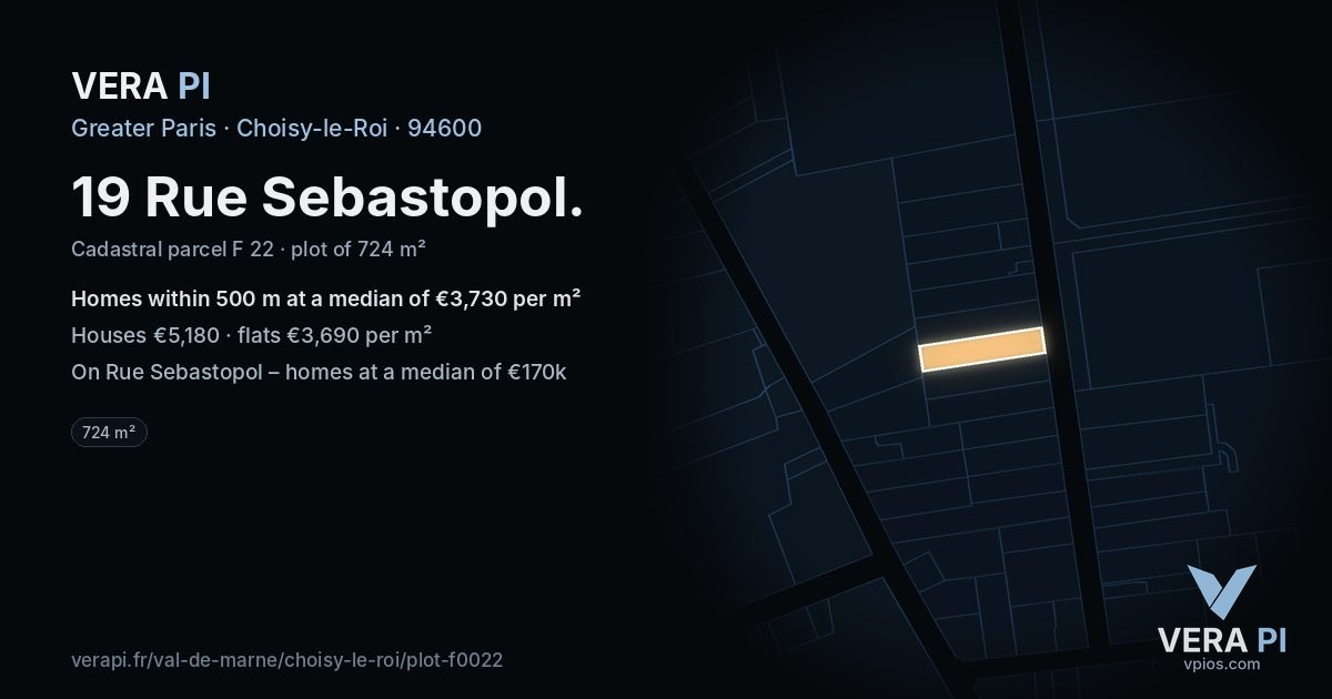 19 Rue Sebastopol, Choisy-le-Roi at night – the plot lit, the parcels around coloured by the prices near them
