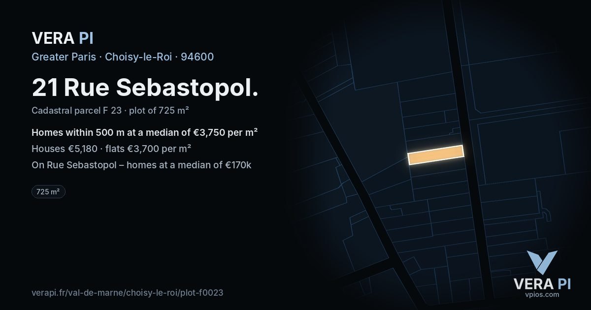 21 Rue Sebastopol, Choisy-le-Roi at night – the plot lit, the parcels around coloured by the prices near them