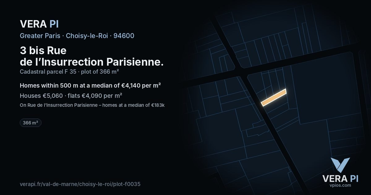 3 bis Rue de l’Insurrection Parisienne, Choisy-le-Roi at night – the plot lit, the parcels around coloured by the prices near them