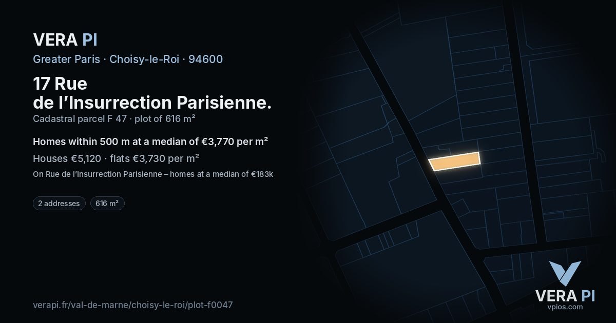 17 Rue de l’Insurrection Parisienne, Choisy-le-Roi at night – the plot lit, the parcels around coloured by the prices near them