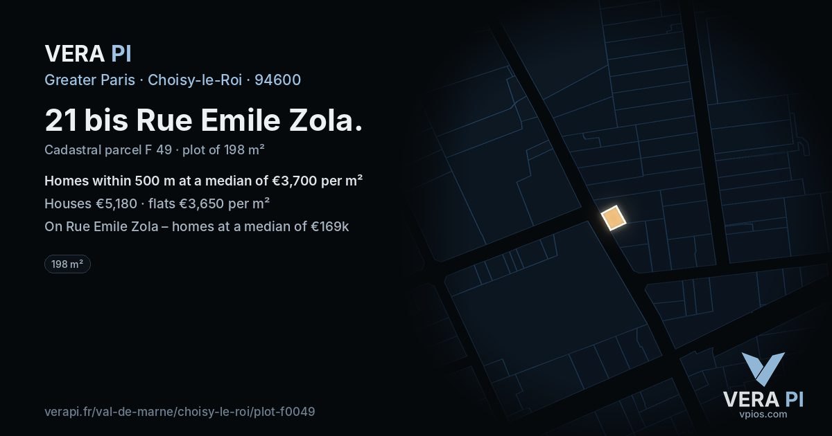 21 bis Rue Emile Zola, Choisy-le-Roi at night – the plot lit, the parcels around coloured by the prices near them