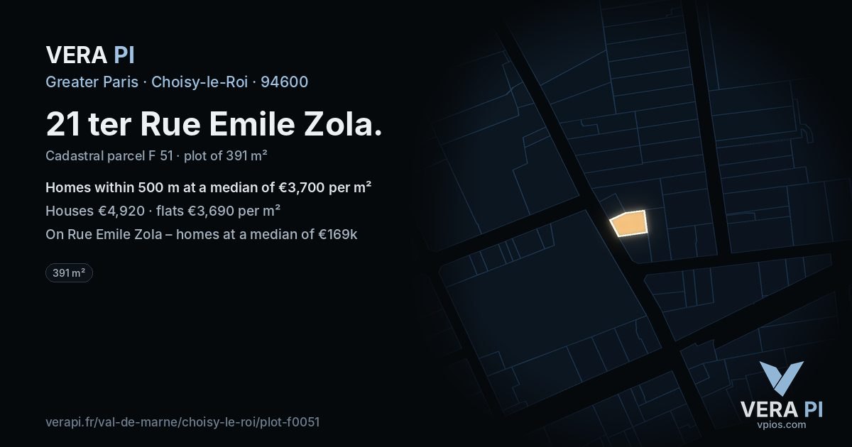 21 ter Rue Emile Zola, Choisy-le-Roi at night – the plot lit, the parcels around coloured by the prices near them