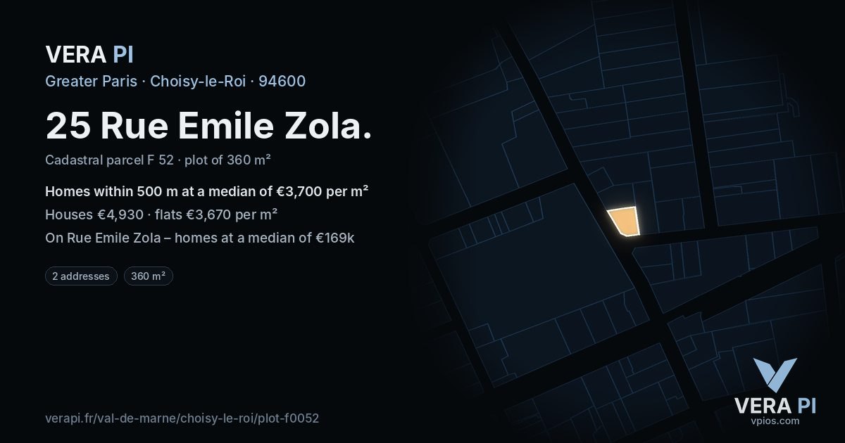 25 Rue Emile Zola, Choisy-le-Roi at night – the plot lit, the parcels around coloured by the prices near them
