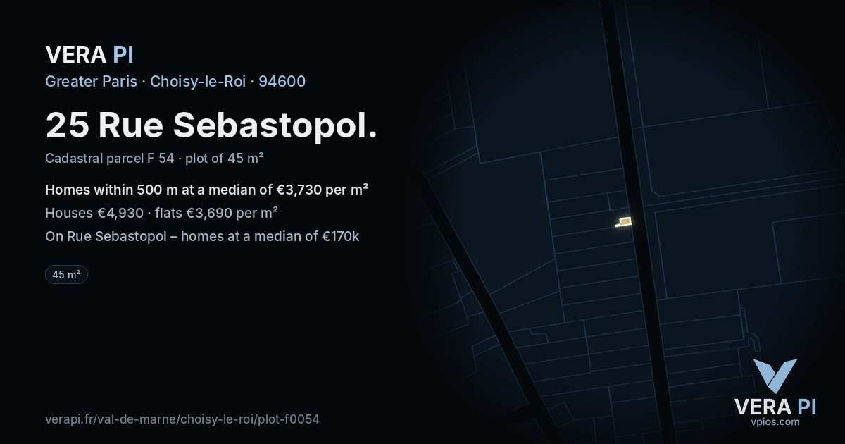 25 Rue Sebastopol, Choisy-le-Roi at night – the plot lit, the parcels around coloured by the prices near them