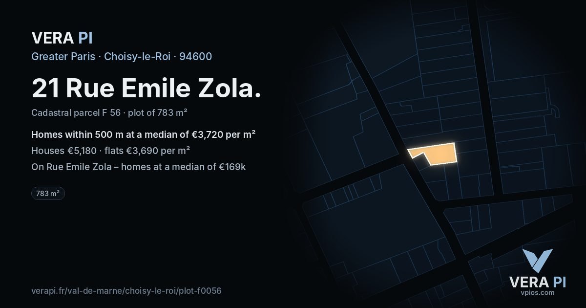 21 Rue Emile Zola, Choisy-le-Roi at night – the plot lit, the parcels around coloured by the prices near them