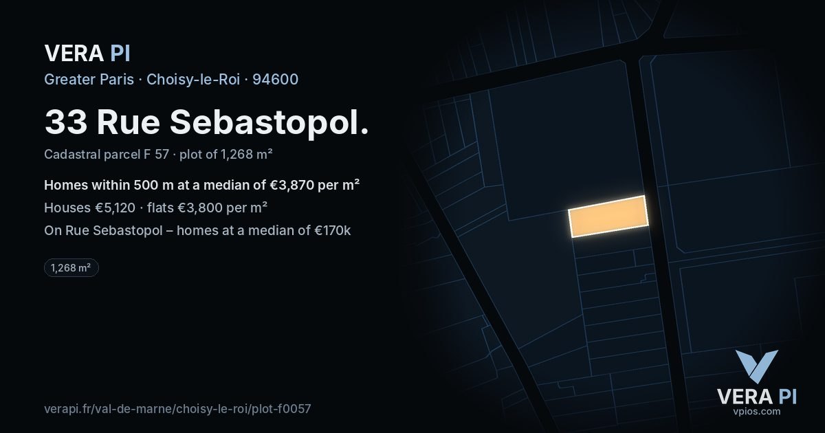 33 Rue Sebastopol, Choisy-le-Roi at night – the plot lit, the parcels around coloured by the prices near them