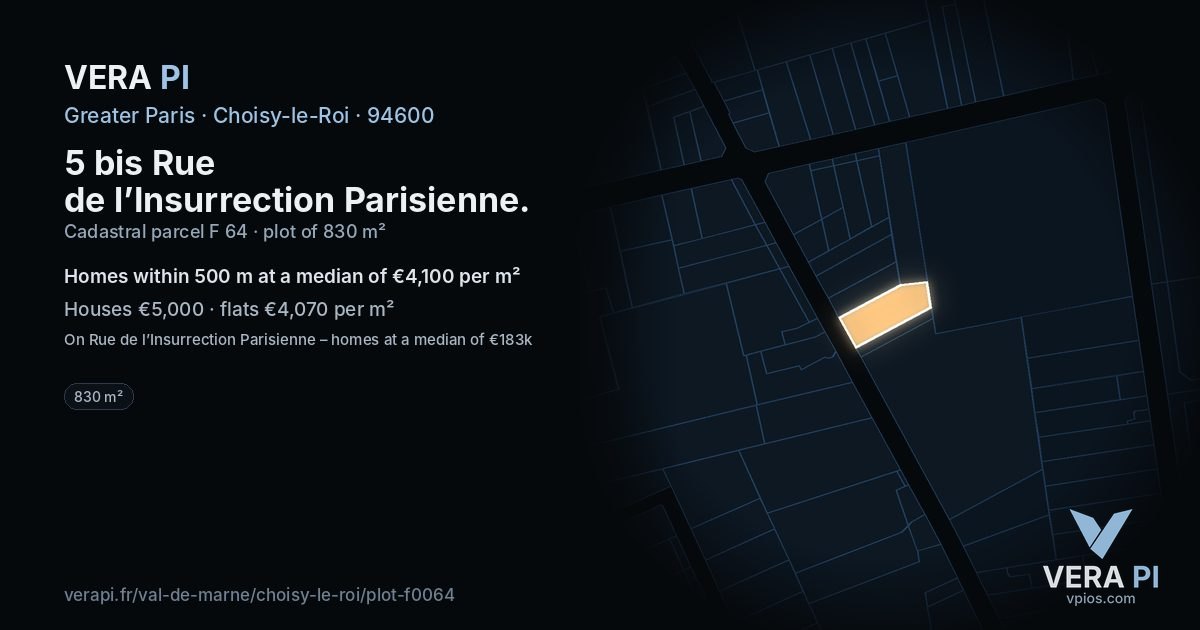 5 bis Rue de l’Insurrection Parisienne, Choisy-le-Roi at night – the plot lit, the parcels around coloured by the prices near them