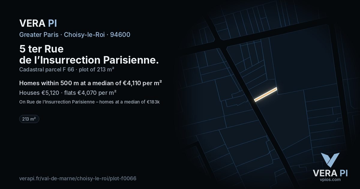 5 ter Rue de l’Insurrection Parisienne, Choisy-le-Roi at night – the plot lit, the parcels around coloured by the prices near them