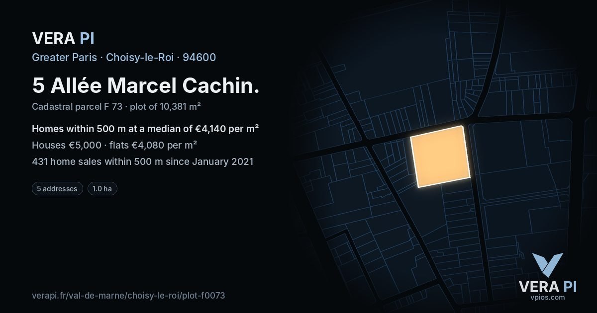 5 Allée Marcel Cachin, Choisy-le-Roi at night – the plot lit, the parcels around coloured by the prices near them