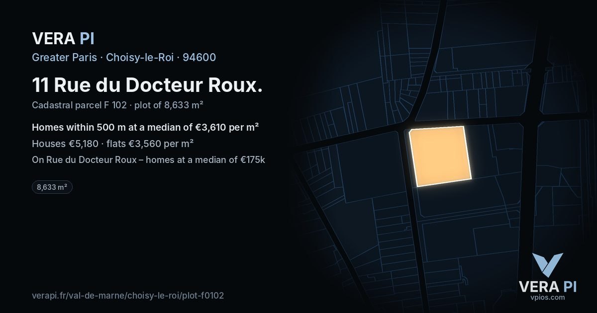 11 Rue du Docteur Roux, Choisy-le-Roi at night – the plot lit, the parcels around coloured by the prices near them