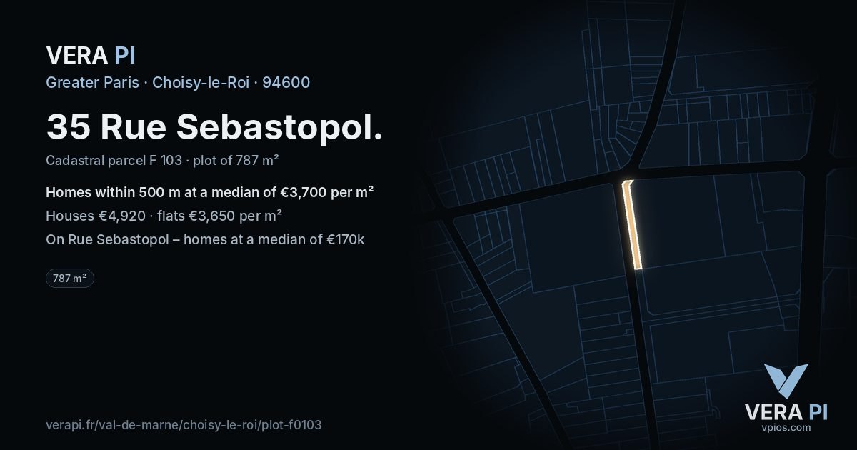 35 Rue Sebastopol, Choisy-le-Roi at night – the plot lit, the parcels around coloured by the prices near them