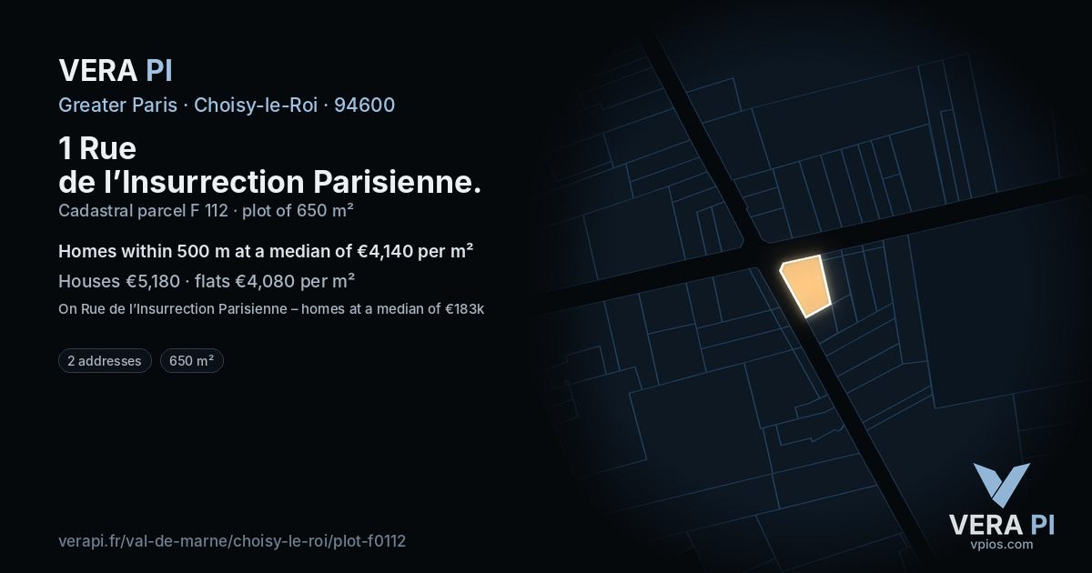 1 Rue de l’Insurrection Parisienne, Choisy-le-Roi at night – the plot lit, the parcels around coloured by the prices near them