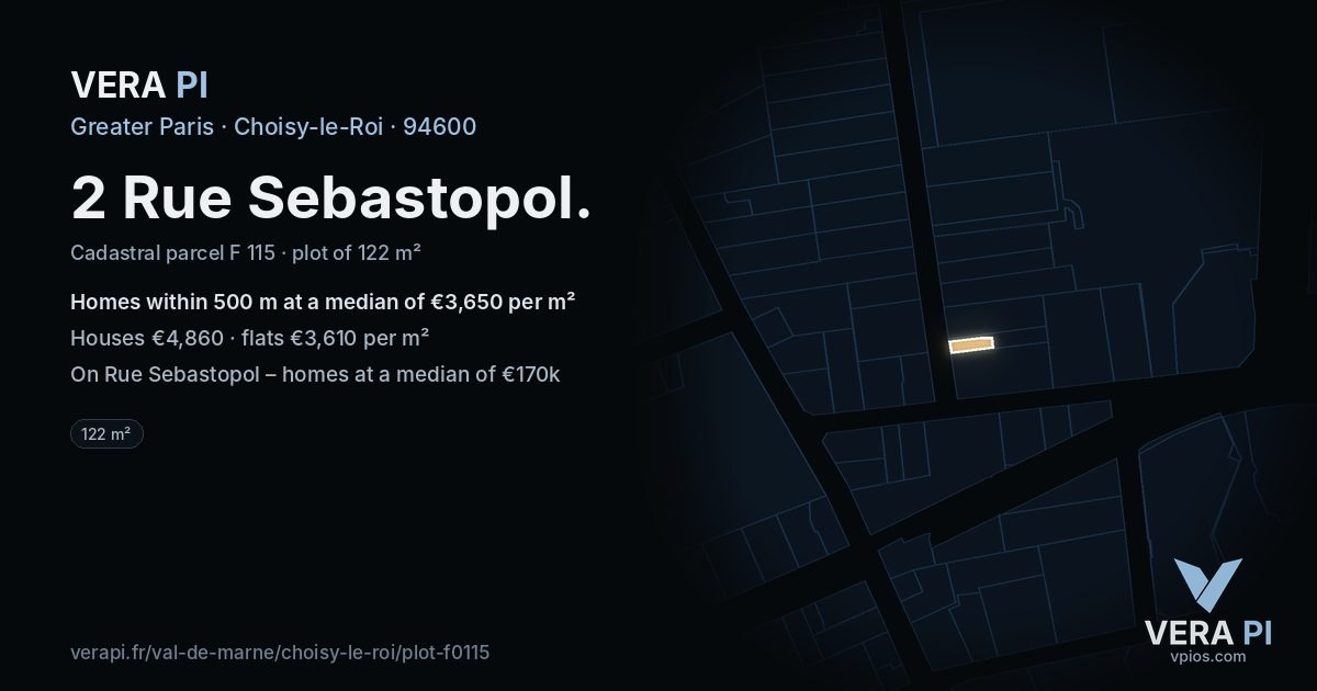 2 Rue Sebastopol, Choisy-le-Roi at night – the plot lit, the parcels around coloured by the prices near them