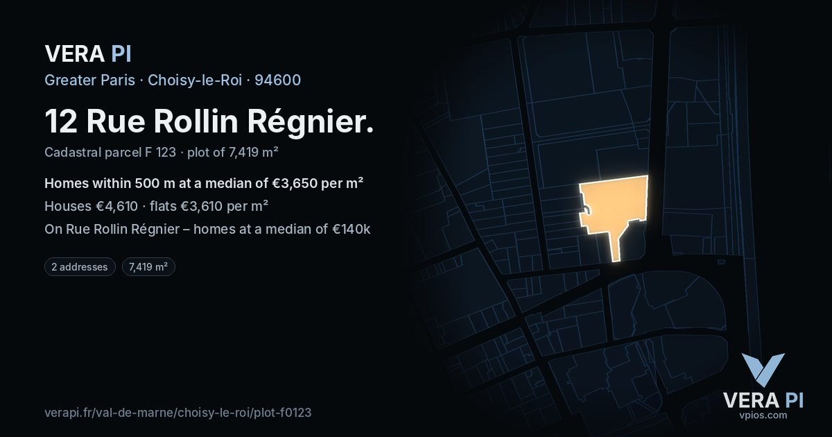 12 Rue Rollin Régnier, Choisy-le-Roi at night – the plot lit, the parcels around coloured by the prices near them