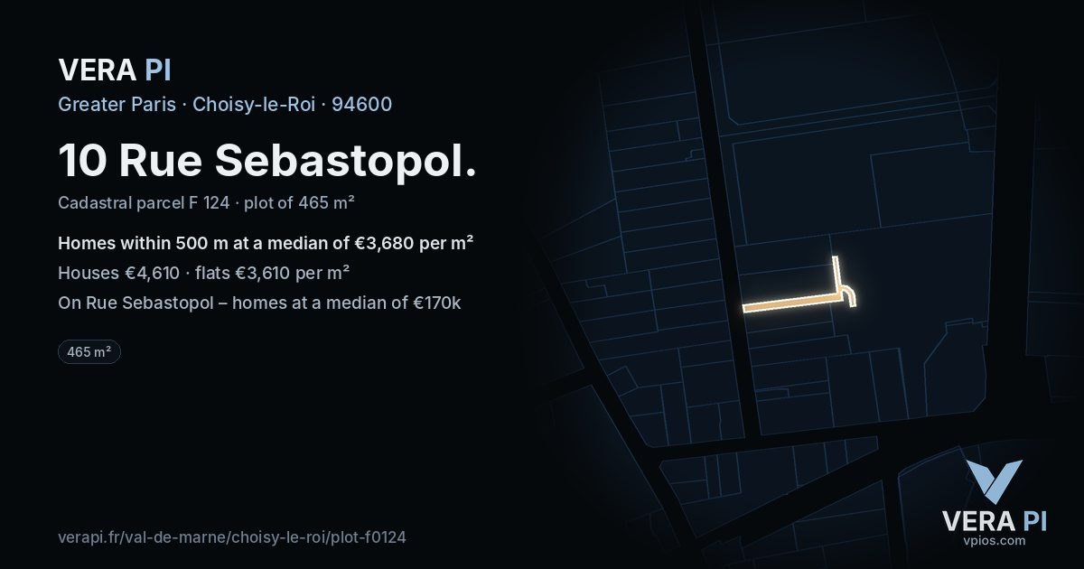 10 Rue Sebastopol, Choisy-le-Roi at night – the plot lit, the parcels around coloured by the prices near them
