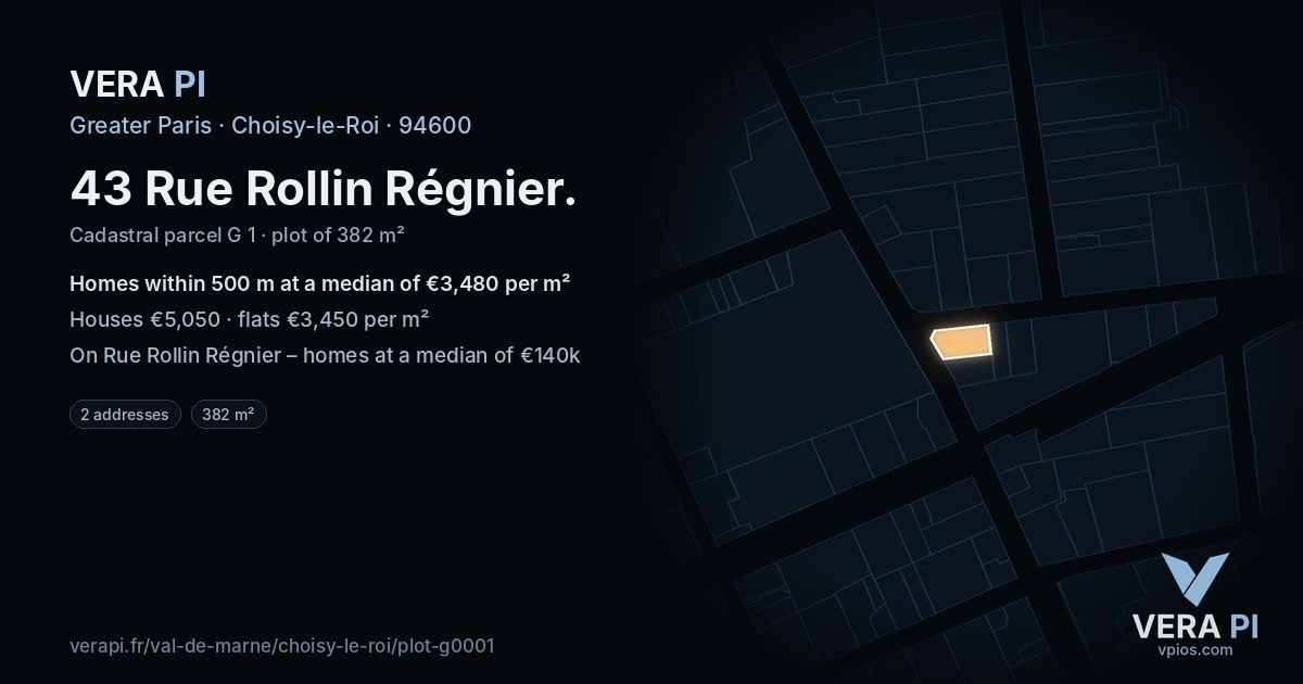 43 Rue Rollin Régnier, Choisy-le-Roi at night – the plot lit, the parcels around coloured by the prices near them