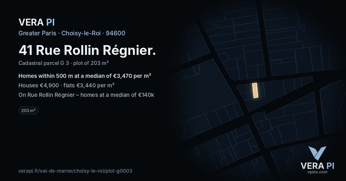 41 Rue Rollin Régnier, Choisy-le-Roi at night – the plot lit, the parcels around coloured by the prices near them