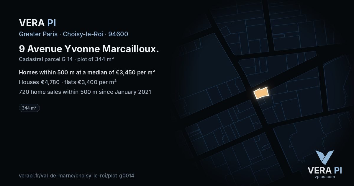 9 Avenue Yvonne Marcailloux, Choisy-le-Roi at night – the plot lit, the parcels around coloured by the prices near them
