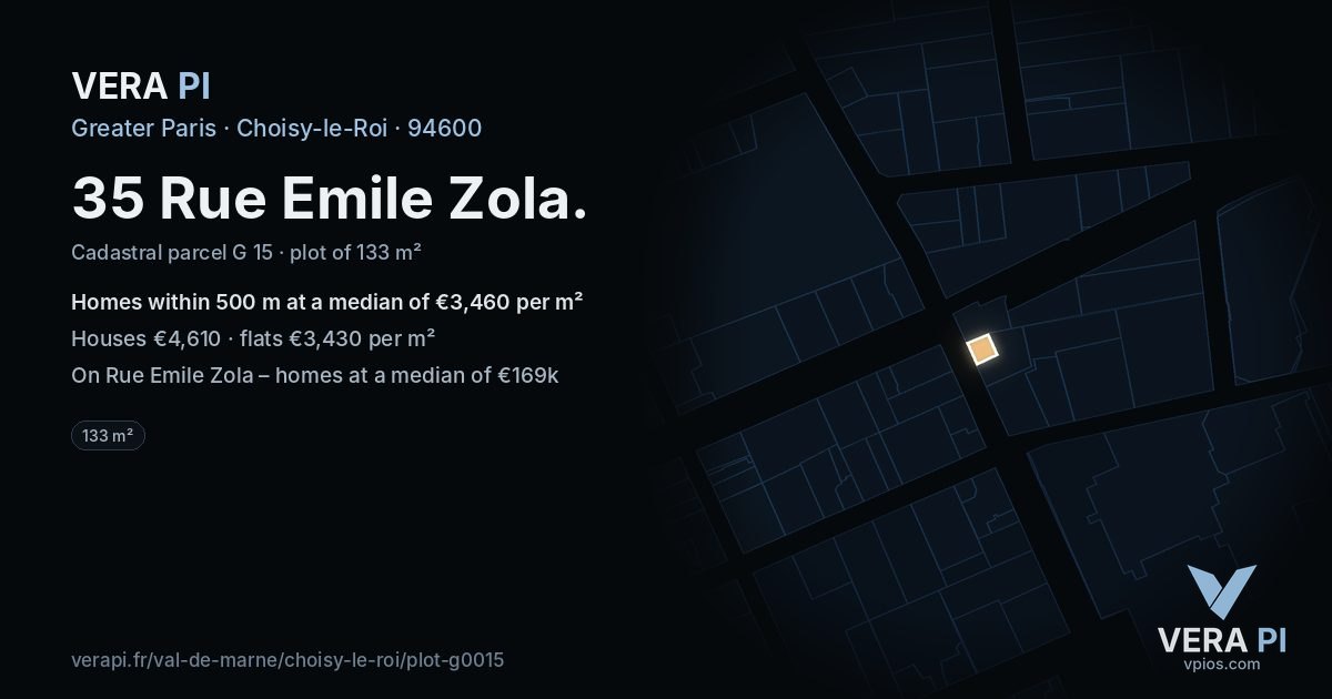 35 Rue Emile Zola, Choisy-le-Roi at night – the plot lit, the parcels around coloured by the prices near them