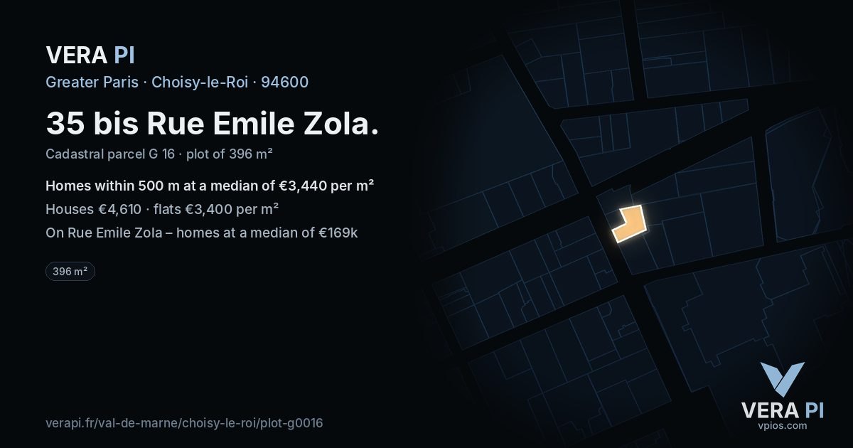 35 bis Rue Emile Zola, Choisy-le-Roi at night – the plot lit, the parcels around coloured by the prices near them