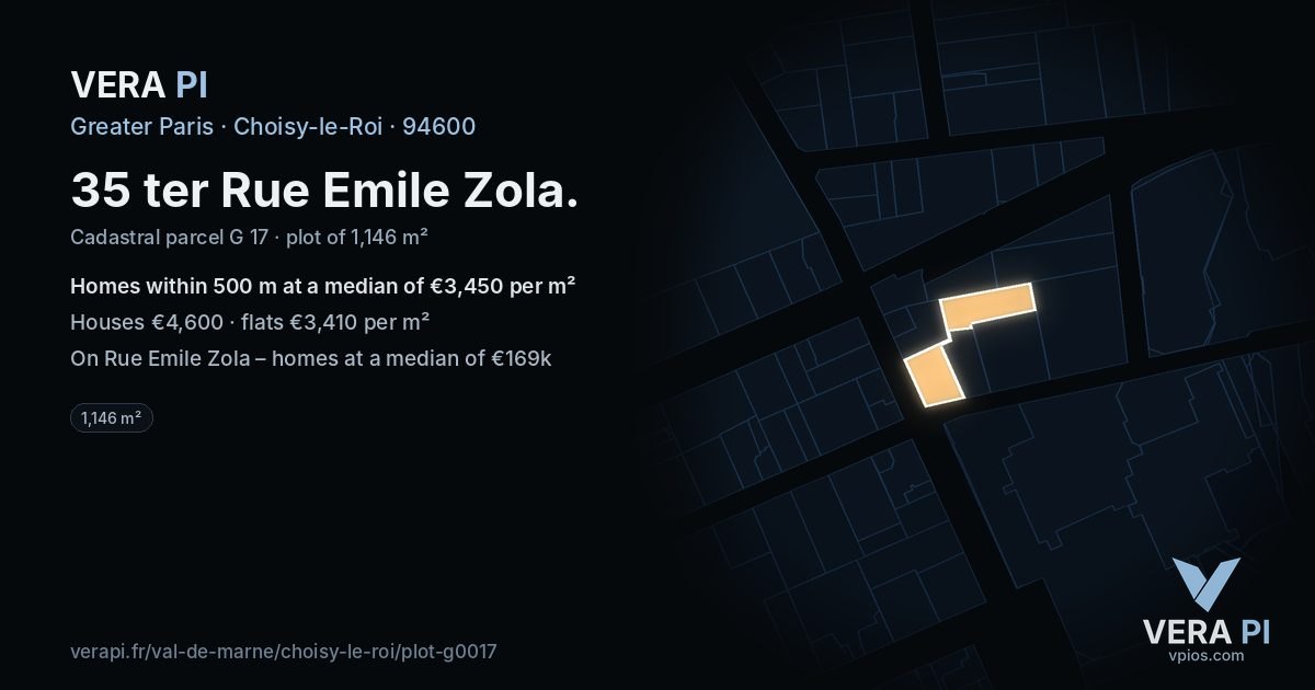 35 ter Rue Emile Zola, Choisy-le-Roi at night – the plot lit, the parcels around coloured by the prices near them
