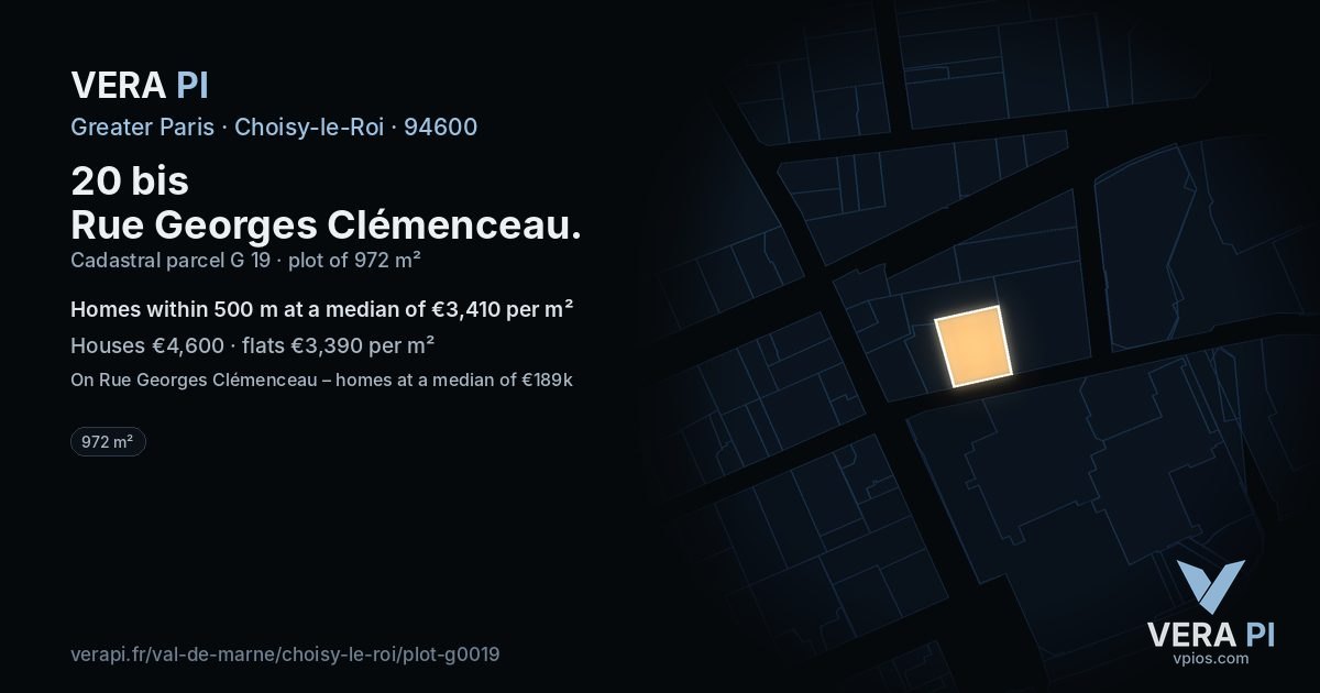 20 bis Rue Georges Clémenceau, Choisy-le-Roi at night – the plot lit, the parcels around coloured by the prices near them