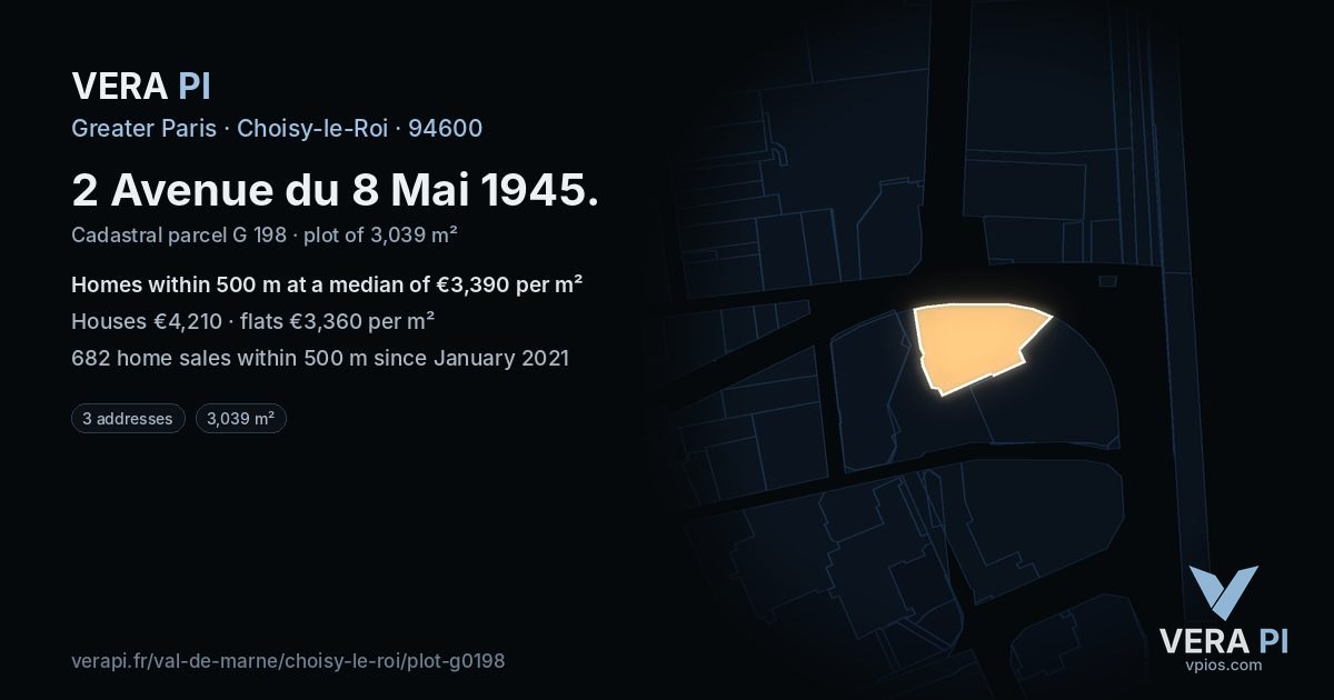 2 Avenue du 8 Mai 1945, Choisy-le-Roi at night – the plot lit, the parcels around coloured by the prices near them