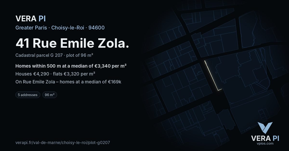 41 Rue Emile Zola, Choisy-le-Roi at night – the plot lit, the parcels around coloured by the prices near them