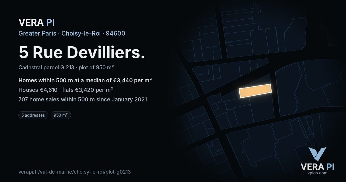5 Rue Devilliers, Choisy-le-Roi at night – the plot lit, the parcels around coloured by the prices near them