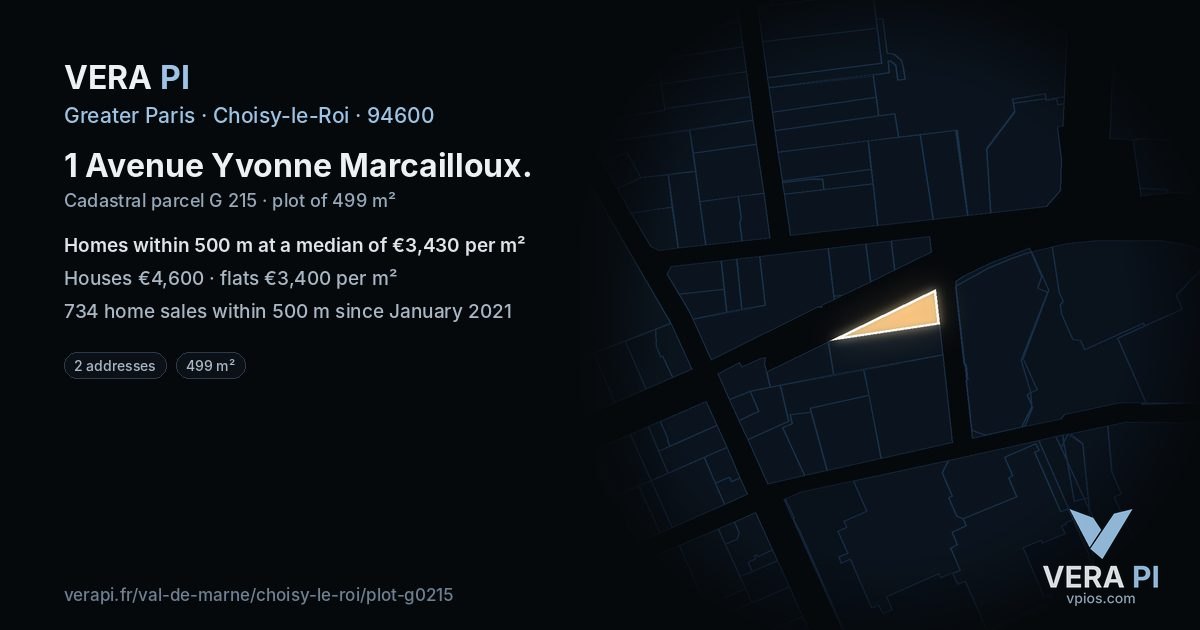 1 Avenue Yvonne Marcailloux, Choisy-le-Roi at night – the plot lit, the parcels around coloured by the prices near them
