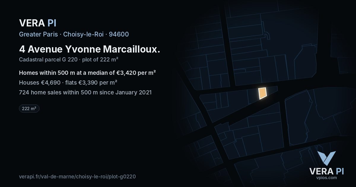 4 Avenue Yvonne Marcailloux, Choisy-le-Roi at night – the plot lit, the parcels around coloured by the prices near them