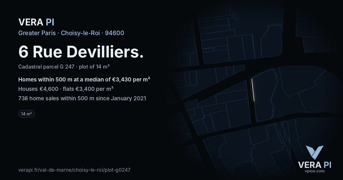 6 Rue Devilliers, Choisy-le-Roi at night – the plot lit, the parcels around coloured by the prices near them
