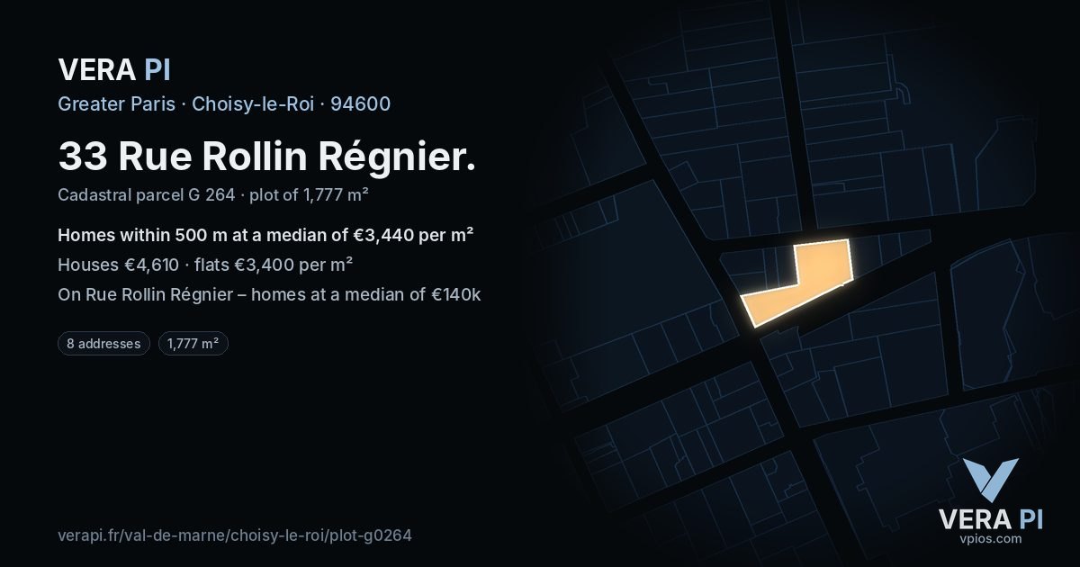 33 Rue Rollin Régnier, Choisy-le-Roi at night – the plot lit, the parcels around coloured by the prices near them
